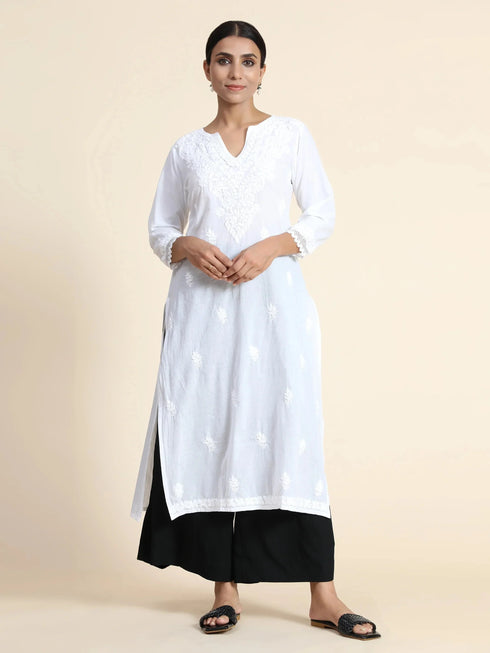 Sharmin in HOK Chikankari Long Kurti for Women in white